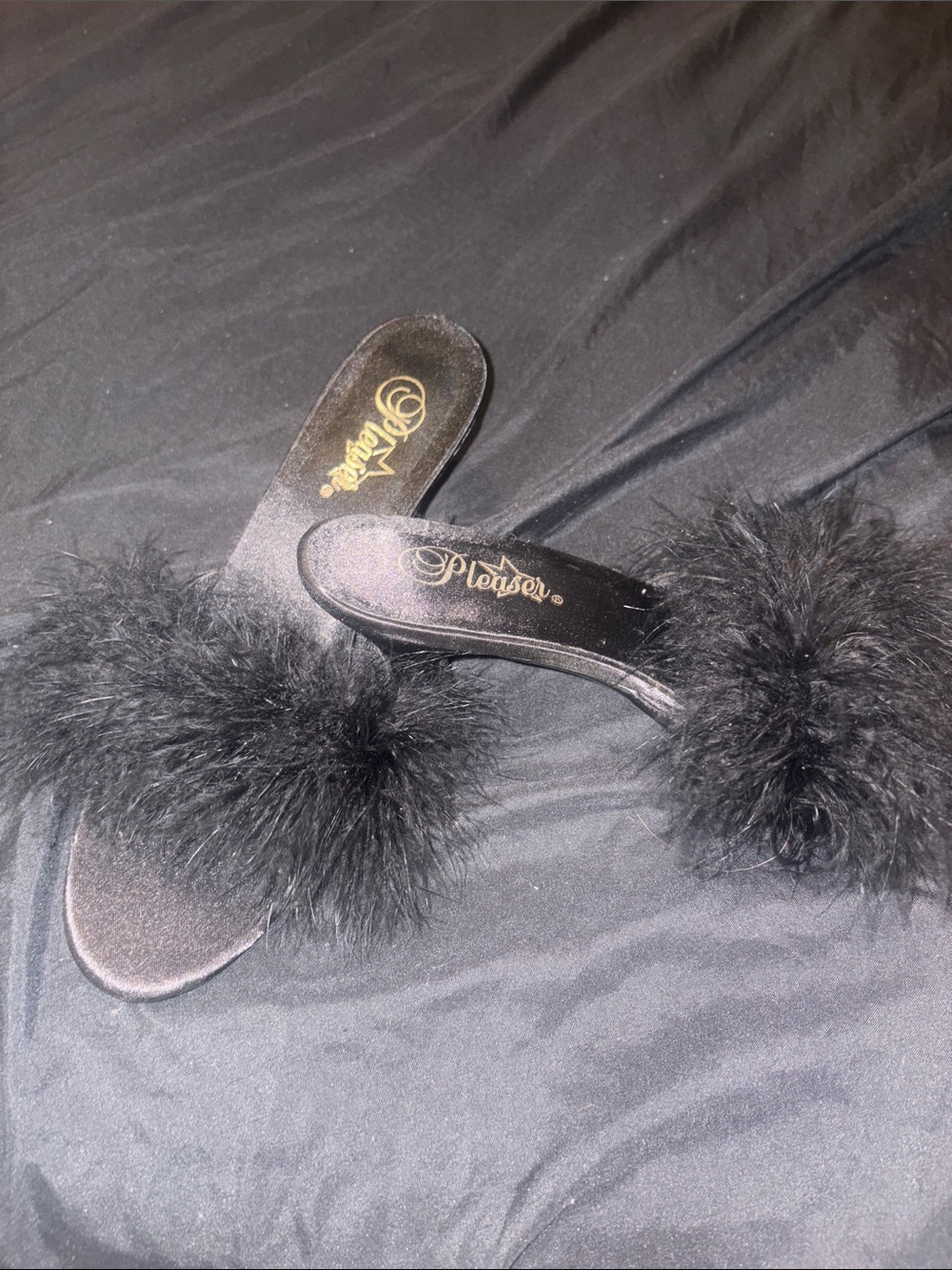 Pleaser Black Feather Pom Slide Mules